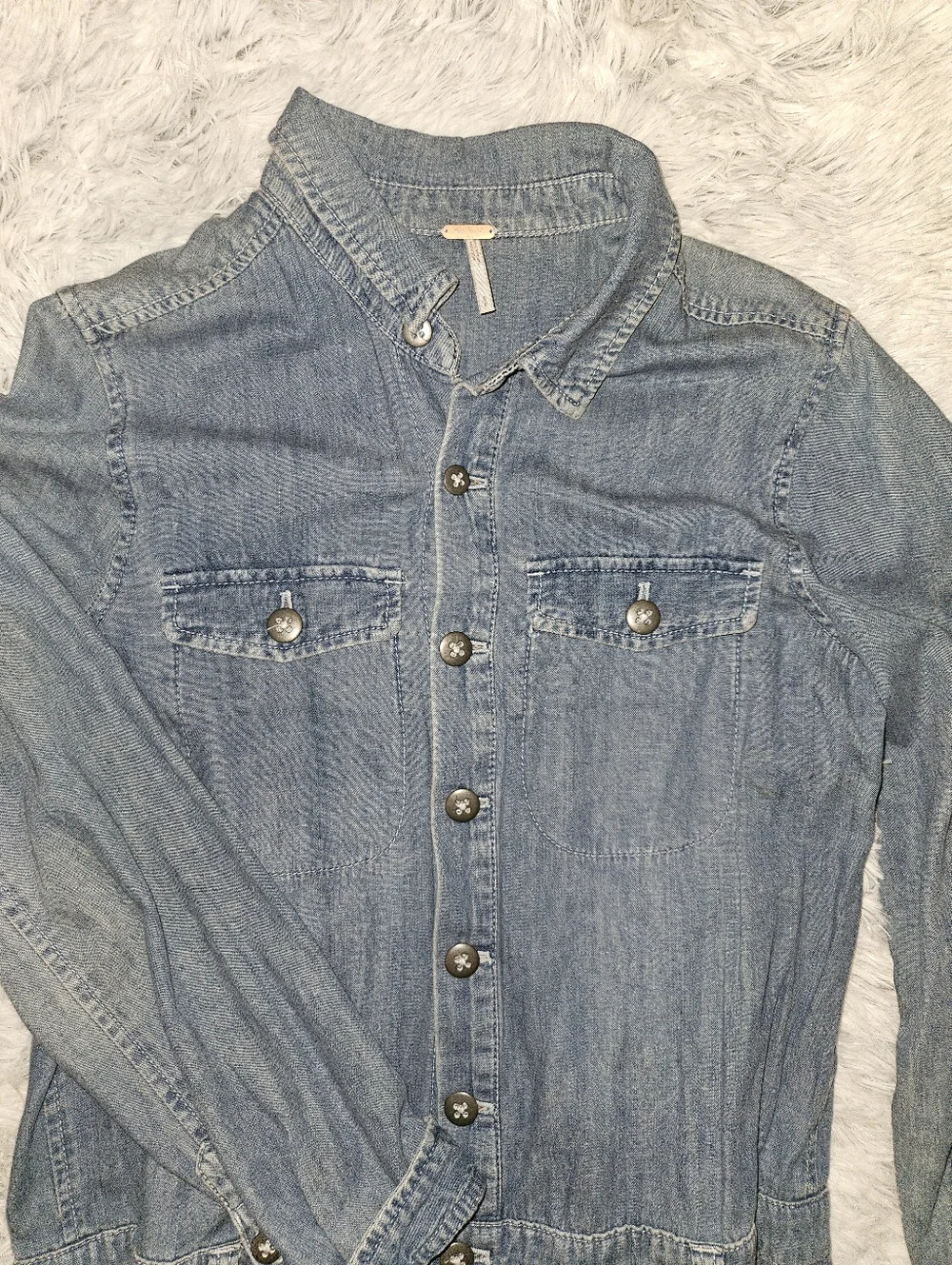 Free People Denim Button Front Romper Size Small Belt Loops Long Sleeve Chambray